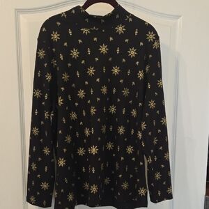 Karen Scott Black With Glittery Gold Snowflakes Mock Turtleneck Top